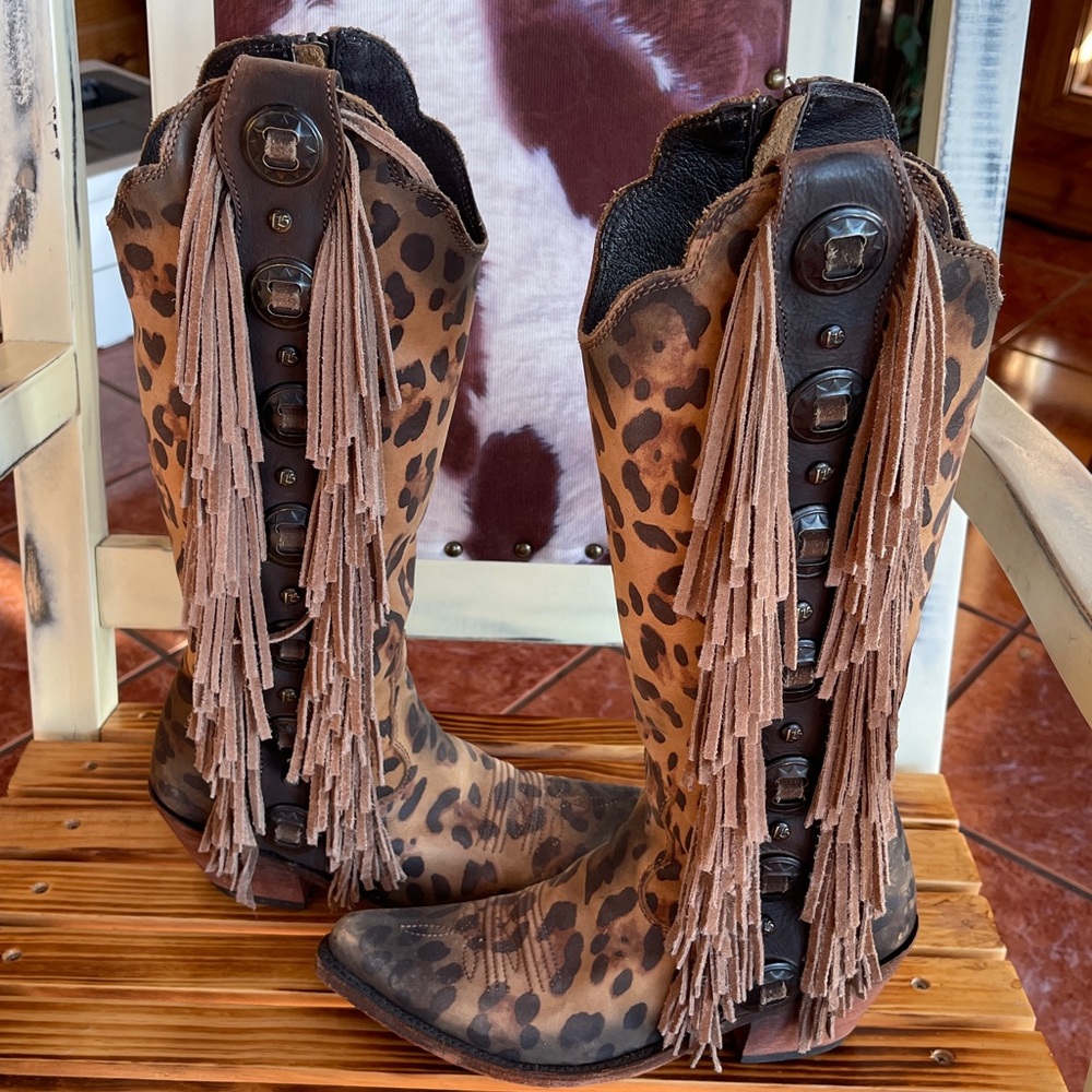 Liberty Black Ophelia Chita Miel Leopard 
Print Leather Fringe Boots Size 8 - Picture 2 of 7